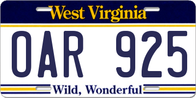 WV license plate OAR925