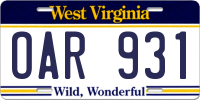 WV license plate OAR931