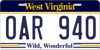 WV license plate OAR940