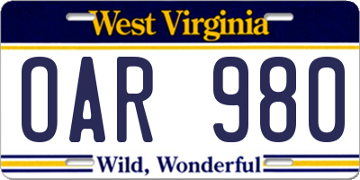 WV license plate OAR980