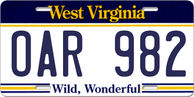 WV license plate OAR982