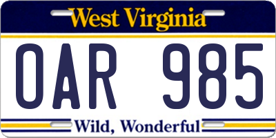 WV license plate OAR985