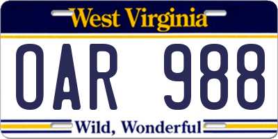 WV license plate OAR988