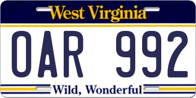 WV license plate OAR992
