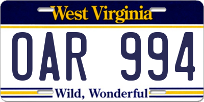 WV license plate OAR994