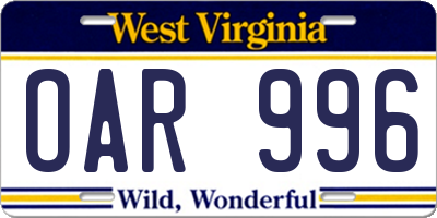 WV license plate OAR996
