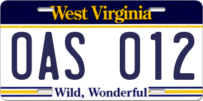 WV license plate OAS012
