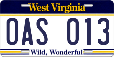 WV license plate OAS013