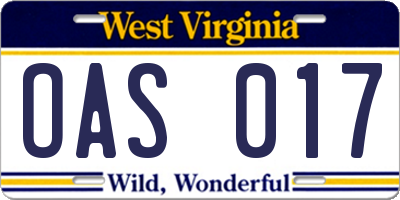 WV license plate OAS017