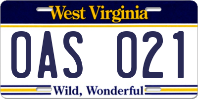 WV license plate OAS021