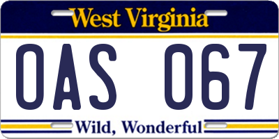 WV license plate OAS067