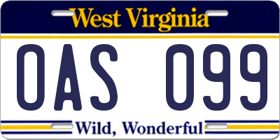 WV license plate OAS099