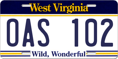 WV license plate OAS102