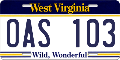 WV license plate OAS103