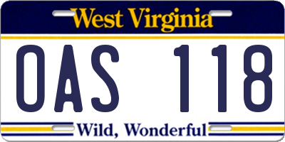 WV license plate OAS118