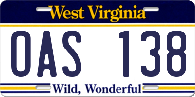 WV license plate OAS138