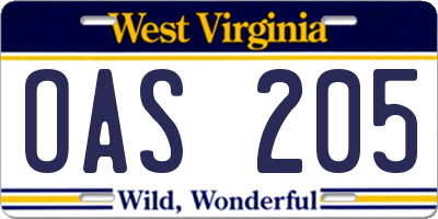 WV license plate OAS205