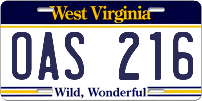 WV license plate OAS216
