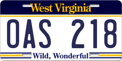 WV license plate OAS218