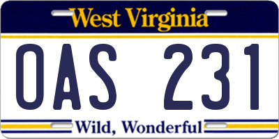 WV license plate OAS231