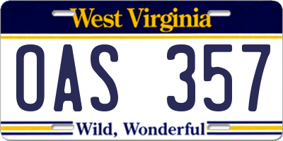 WV license plate OAS357
