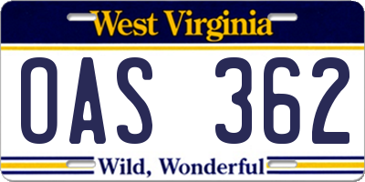 WV license plate OAS362