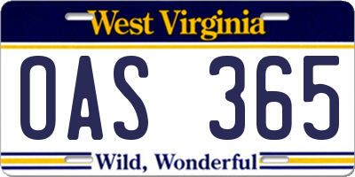 WV license plate OAS365