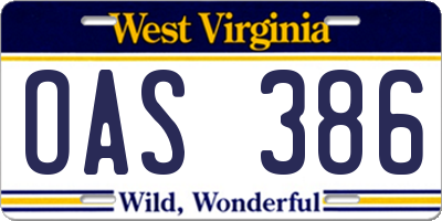 WV license plate OAS386