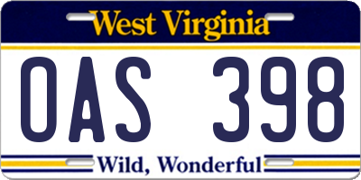 WV license plate OAS398