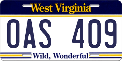 WV license plate OAS409