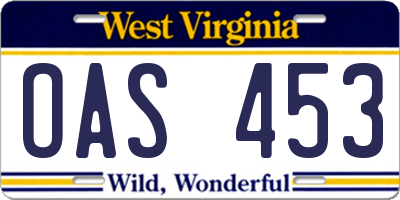 WV license plate OAS453