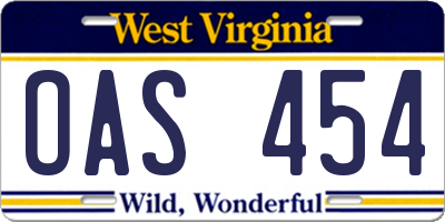 WV license plate OAS454