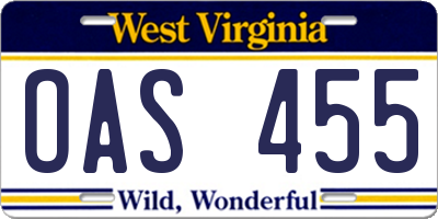 WV license plate OAS455