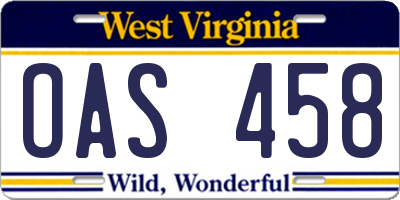 WV license plate OAS458