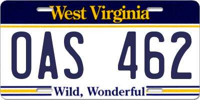 WV license plate OAS462