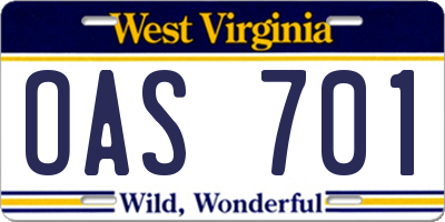 WV license plate OAS701