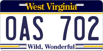 WV license plate OAS702