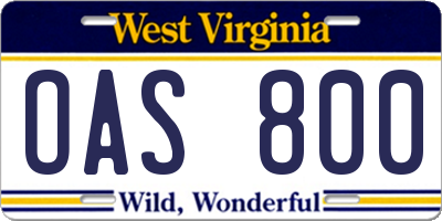 WV license plate OAS800