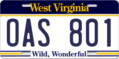 WV license plate OAS801
