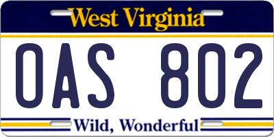 WV license plate OAS802