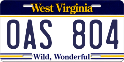 WV license plate OAS804