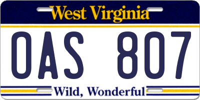 WV license plate OAS807