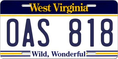 WV license plate OAS818