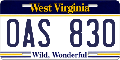 WV license plate OAS830