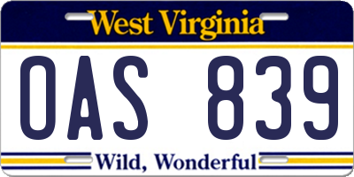 WV license plate OAS839