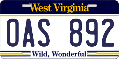 WV license plate OAS892