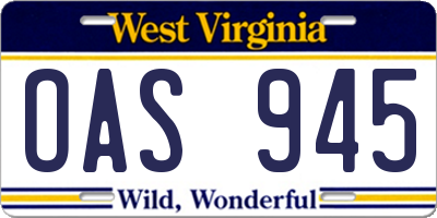 WV license plate OAS945