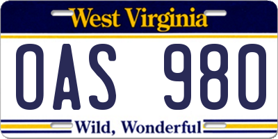 WV license plate OAS980