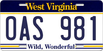 WV license plate OAS981
