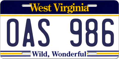 WV license plate OAS986